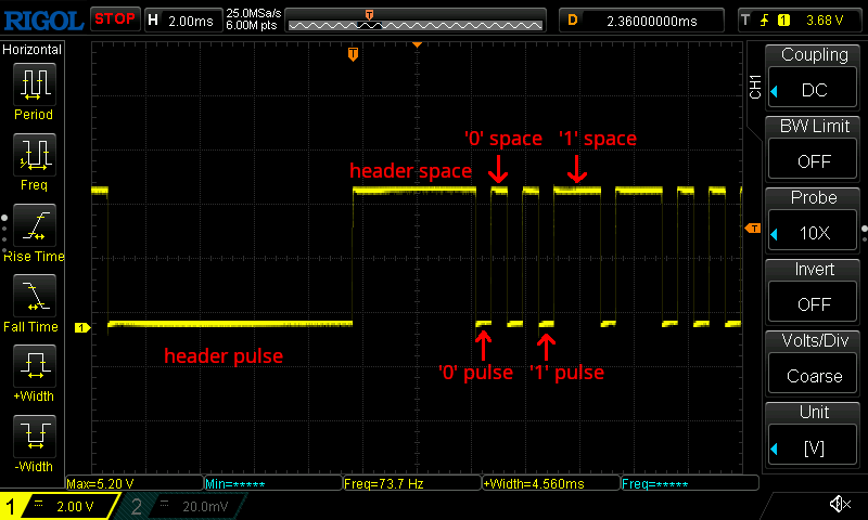 Oscilloscope zoomed in beginning of 'stop' command